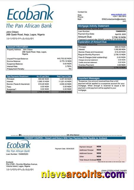 Nigeria Ecobank mortgage statement Word and PDF template